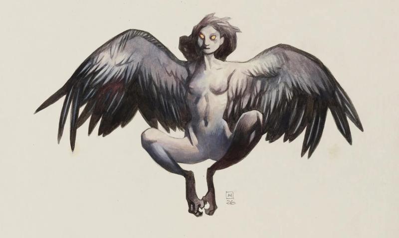 Mike Mignola watercolor of a winged harpy with glowing eyes