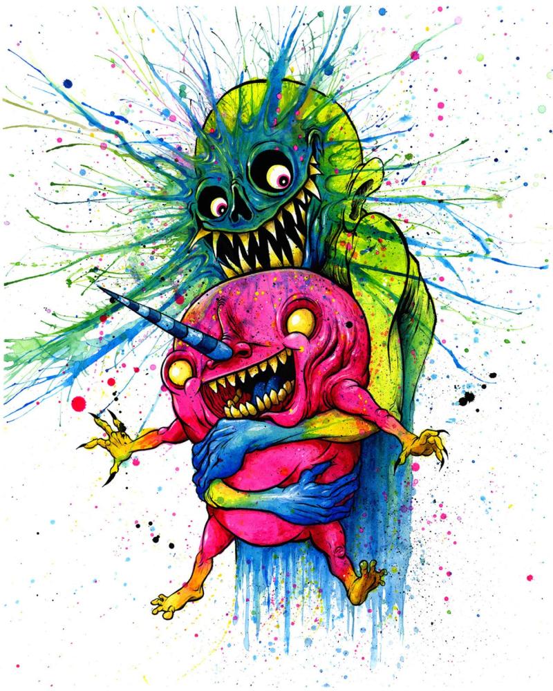 Alex Pardee painting: a grinning green ghoul hugging a pink one-horned monster, in a burst of paint splatter