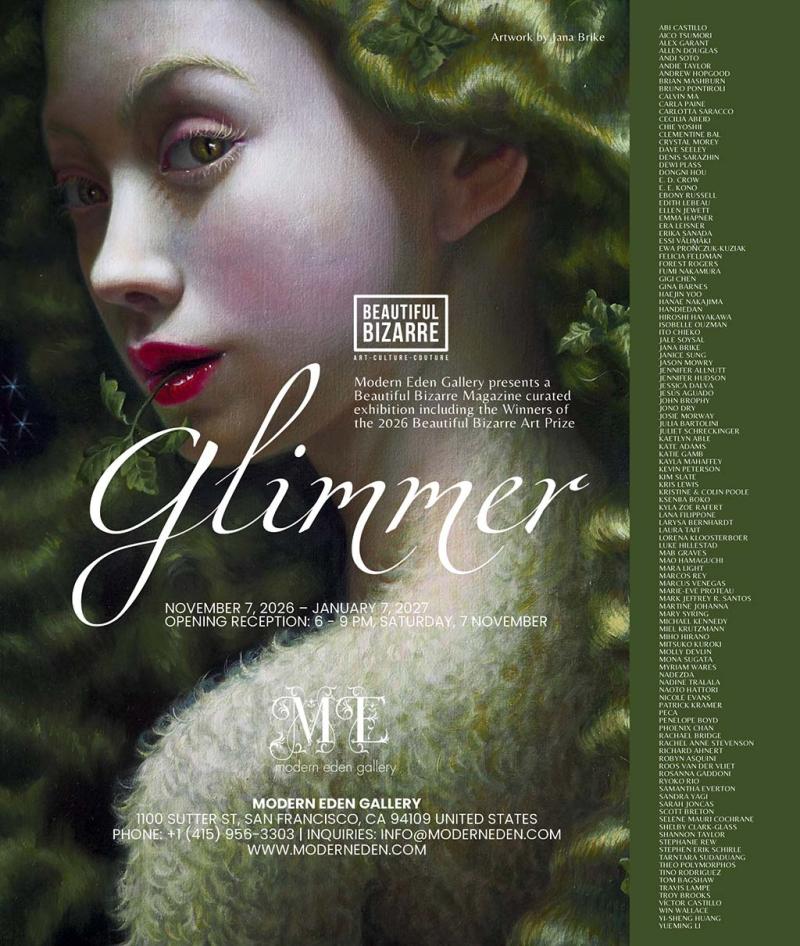 Glimmer exhibition flyer: a painting by Jana Brike of a red-lipped woman wrapped in green