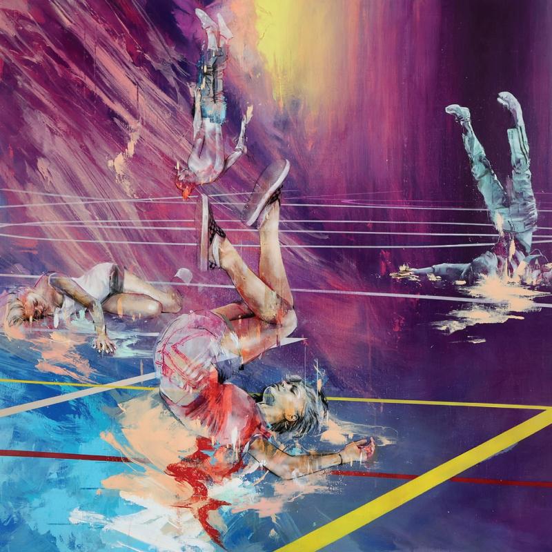 Ian Francis painting: figures tumbling and sprawled in a wrestling ring, in loose strokes of purple, pink and blue
