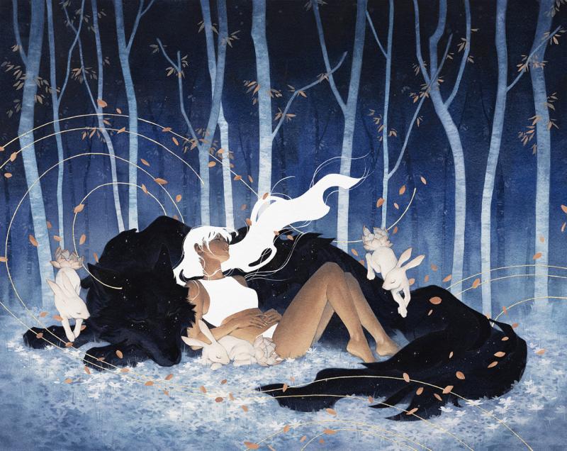 Painting of a white-haired woman asleep against a huge black wolf in a moonlit blue birch forest, with white rabbits and drifting leaves