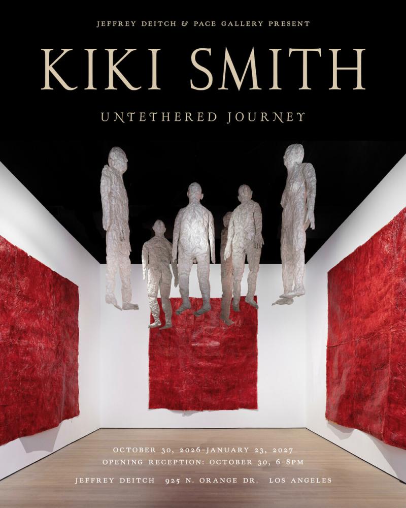 Kiki Smith: Untethered Journey poster, paper figures suspended above red wall pieces