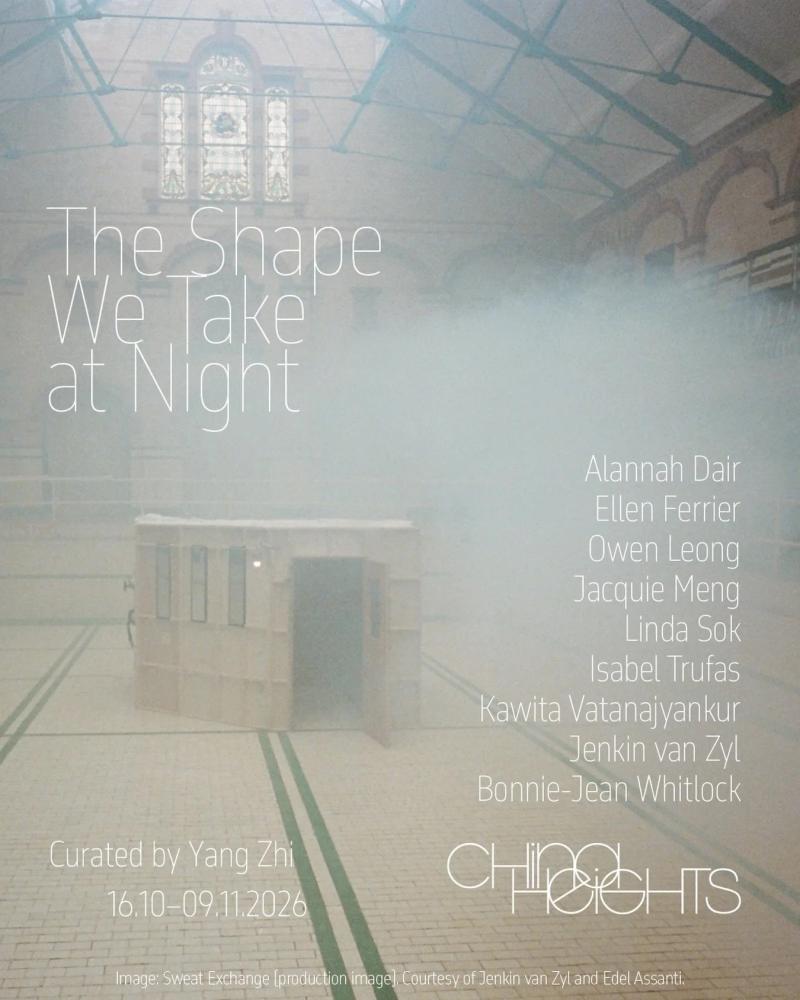 Flyer for The Shape We Take at Night at China Heights: a small tiled structure in a misty, empty Victorian swimming bath, with the artist list and dates 16.10–09.11.2026