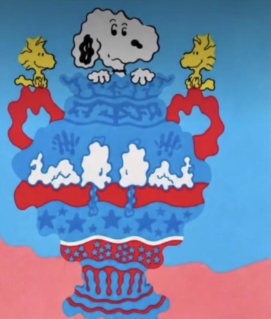 Wizard Skull painting of Snoopy and Woodstock on a red, white and blue urn