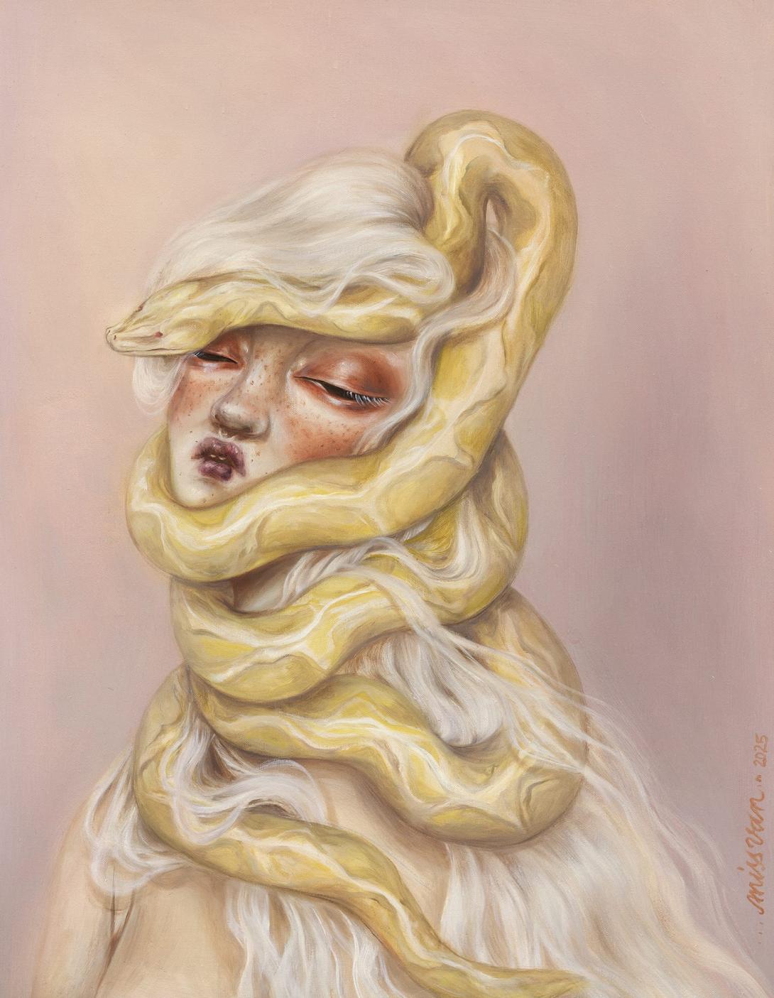 Miss Van painting, 2025: a pale, freckled figure with long white hair and eyes closed, wrapped in a coiled yellow python, on a soft pink ground.