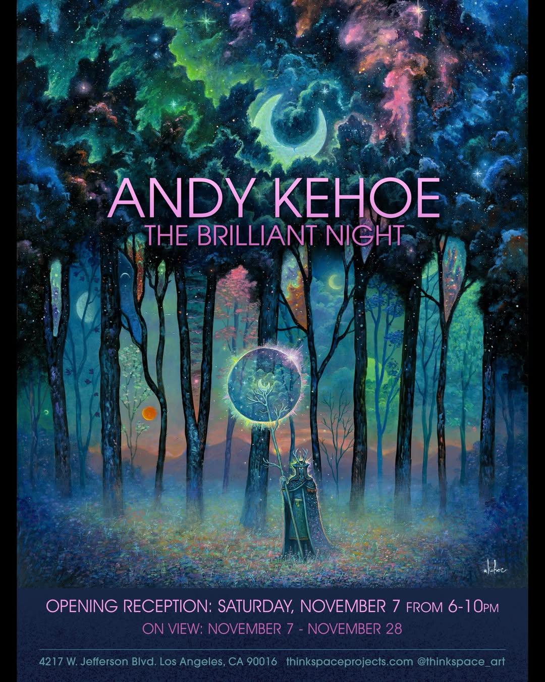 The Brilliant Night poster: Andy Kehoe painting of an antlered figure holding a glowing orb in a night forest under a crescent moon